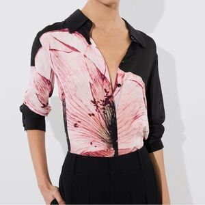 Alice + Olivia Willa Luna Floral Print Shirt Blouse Silk Black Pink XS